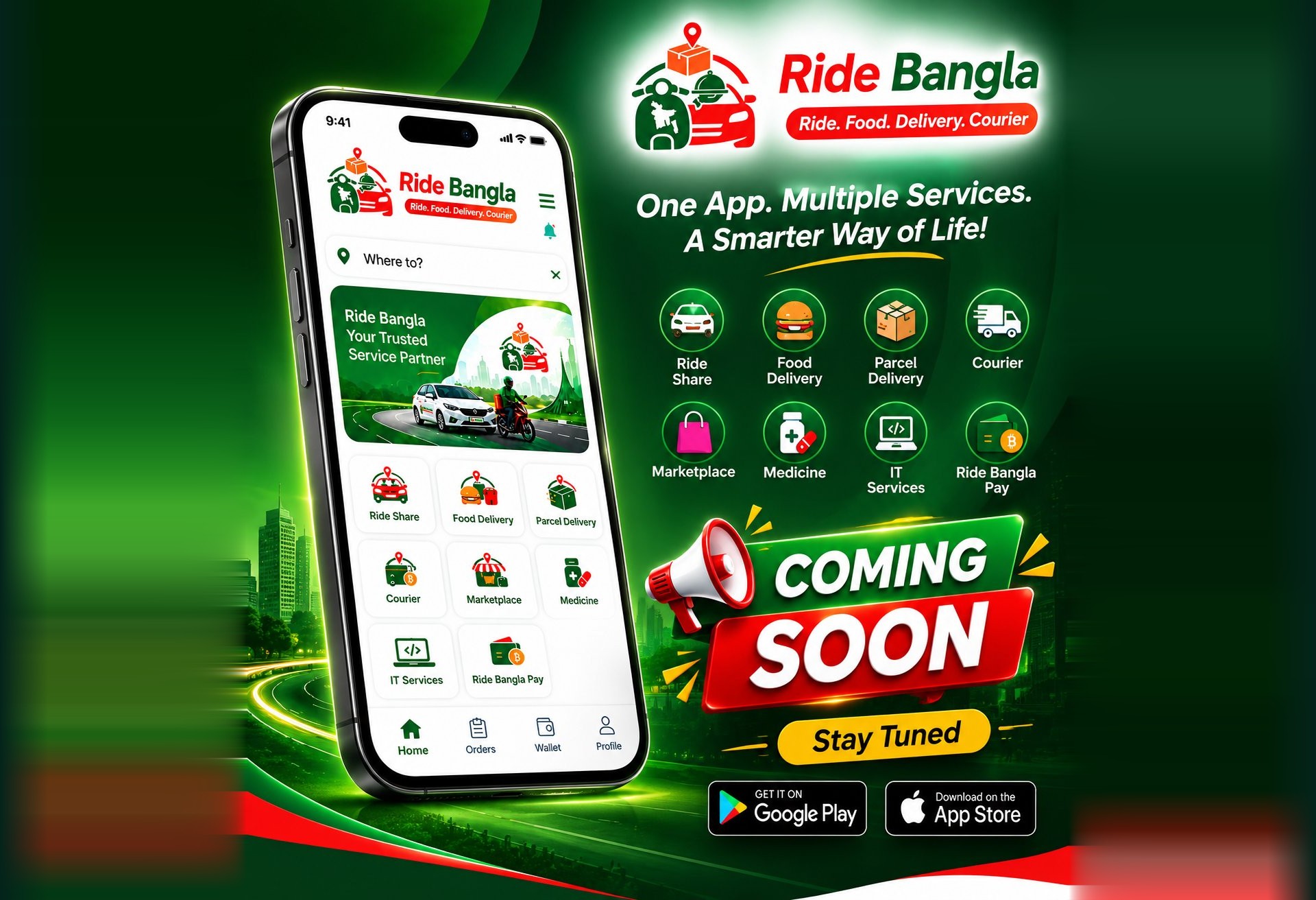 Ride Bangla app — Coming Soon. One App. Multiple Services. A Smarter Way of Life!